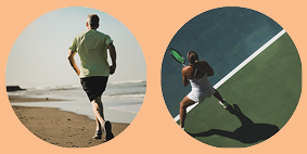Man running on beach - Woman playing tennis - in 2 circles